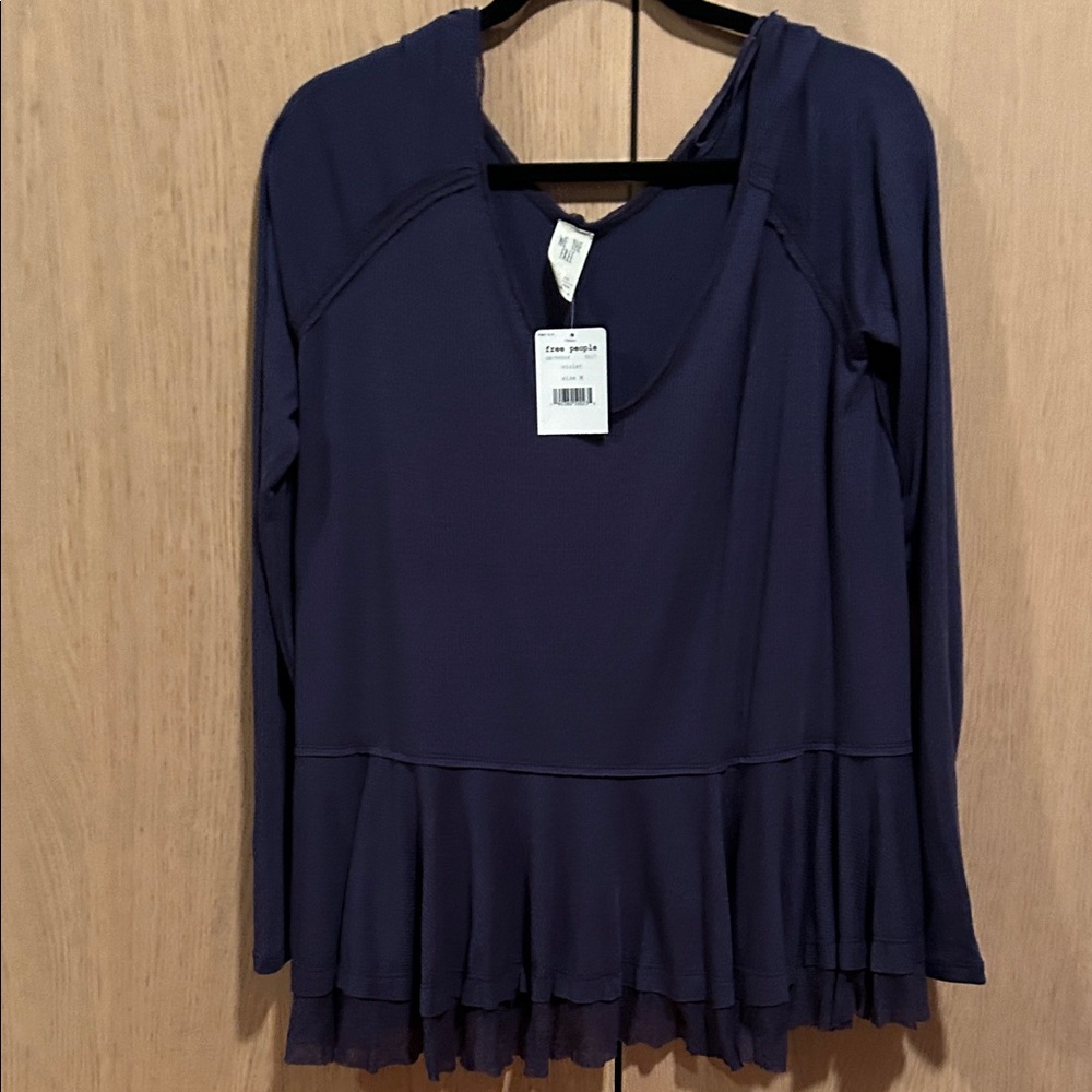 Free People Deep Blue Ruffled Hem Hoodie